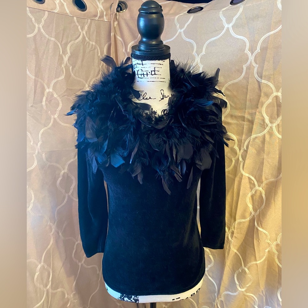 Vintage Valerie Stevens Petite Medium Black Feather Boa Sweater